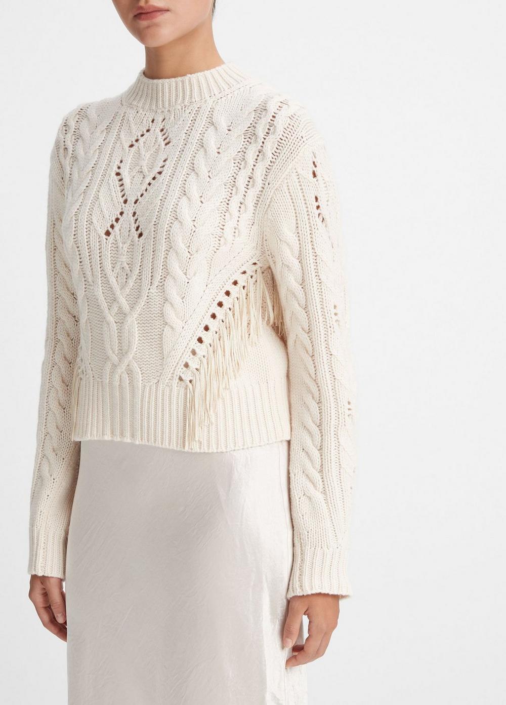 Fringe Merino Wool-Cashmere Cable Sweater Product Image