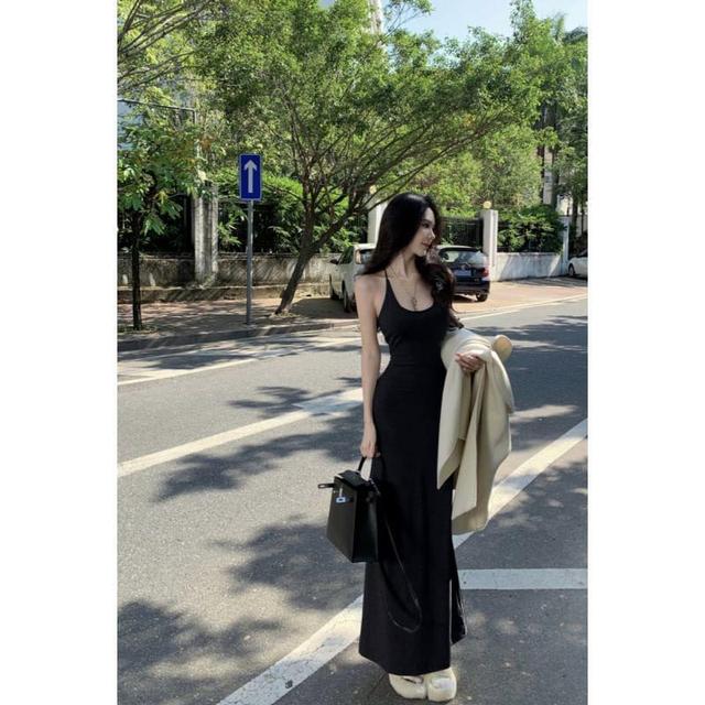 Spaghetti Strap Scoop Neck Plain Knit Bodycon Maxi Dress Product Image