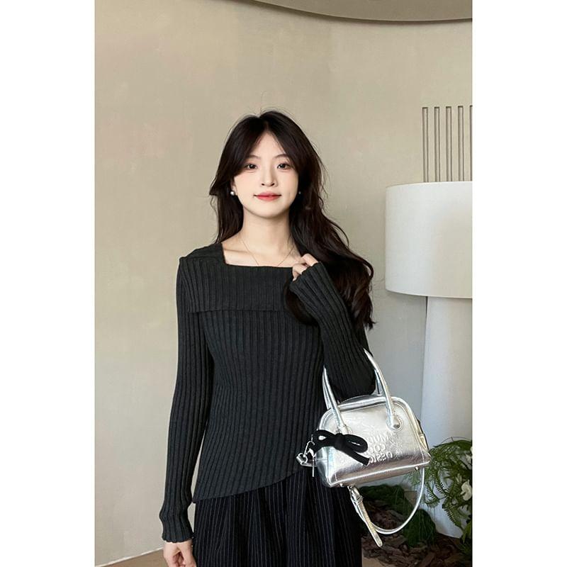 Long-Sleeve Square Neck Plain Asymmetrical Slim Fit Knit Top Product Image