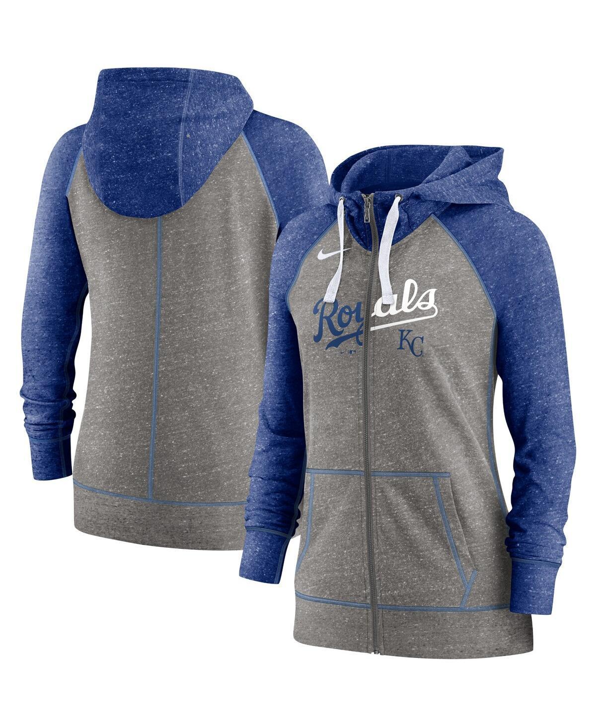 Womens Nike Heathered Charcoal/Royal Kansas City Royals Split Wordmark Gym Vintage Raglan Full-Zip Hoodie Product Image