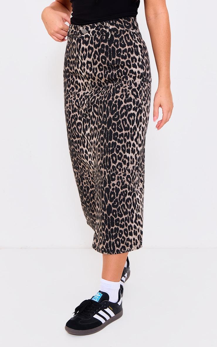 Brown Leopard Print Denim Midaxi Skirt Product Image