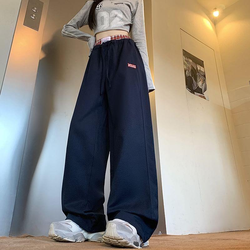 High Rise Plaid Panel Wide Leg Sweatpants Product Image