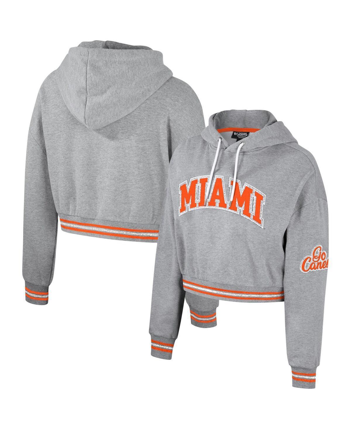 Womens The Wild Collective Heather Gray Distressed Miami Hurricanes Cropped Shimmer Pullover Hoodie Product Image