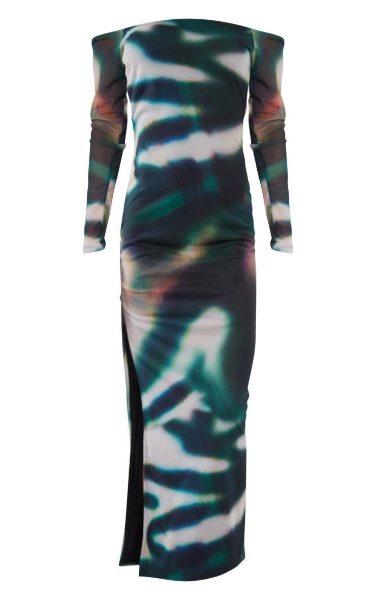  Green Abstract Print Mesh Sleeve Bardot Strap Midaxi Dress Product Image