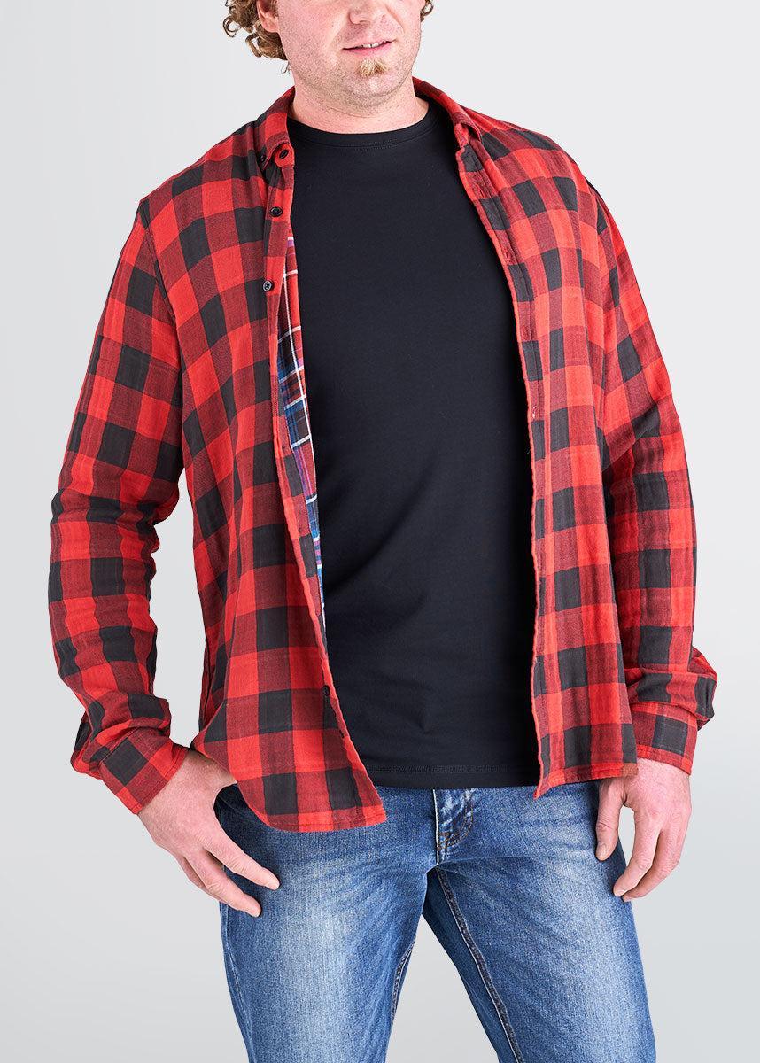 Double-Weave Button-Up Shirt for Tall Men in Red & Black Plaid Male Product Image