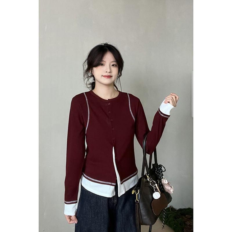 Crew Neck Mock Two-Piece Two Tone Contrast Stitched Button-Up Cardigan Product Image