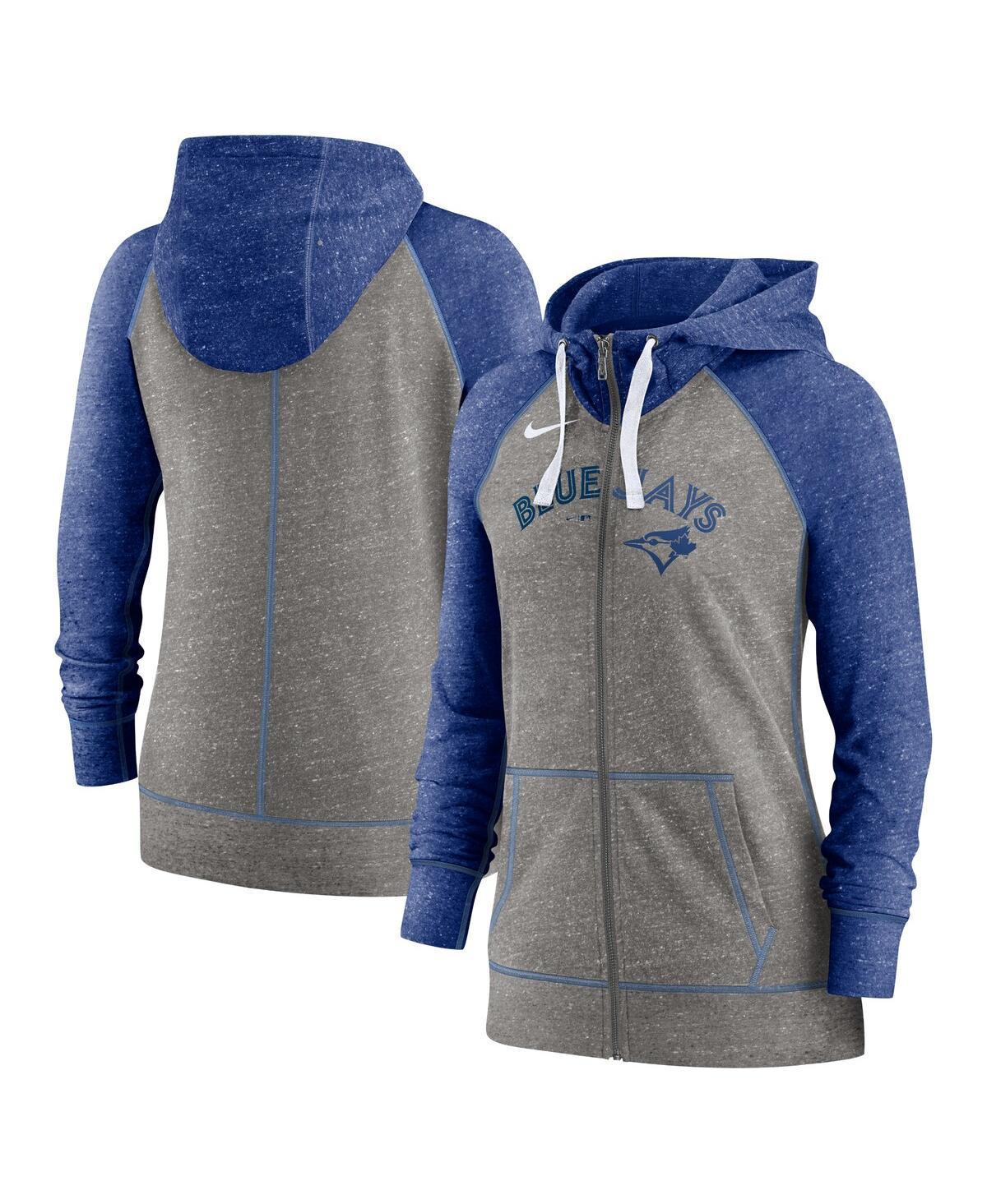 Womens Nike Heathered Charcoal/Royal Toronto Blue Jays Split Wordmark Gym Vintage Raglan Full-Zip Hoodie Product Image