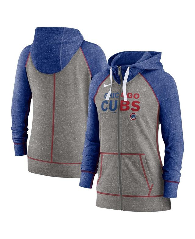 Womens Nike Heathered Charcoal and Chicago Cubs Split Wordmark Gym Vintage-Like Raglan Slub Full-Zip Hoodie - Heathered Charcoal, Hea Product Image