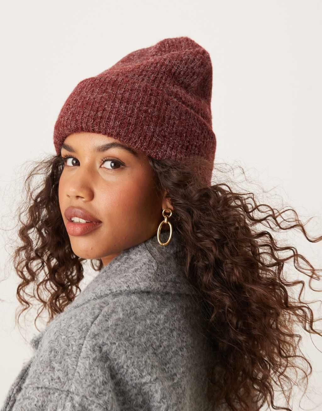 ASOS DESIGN chunky double roll beanie in burgundy Product Image