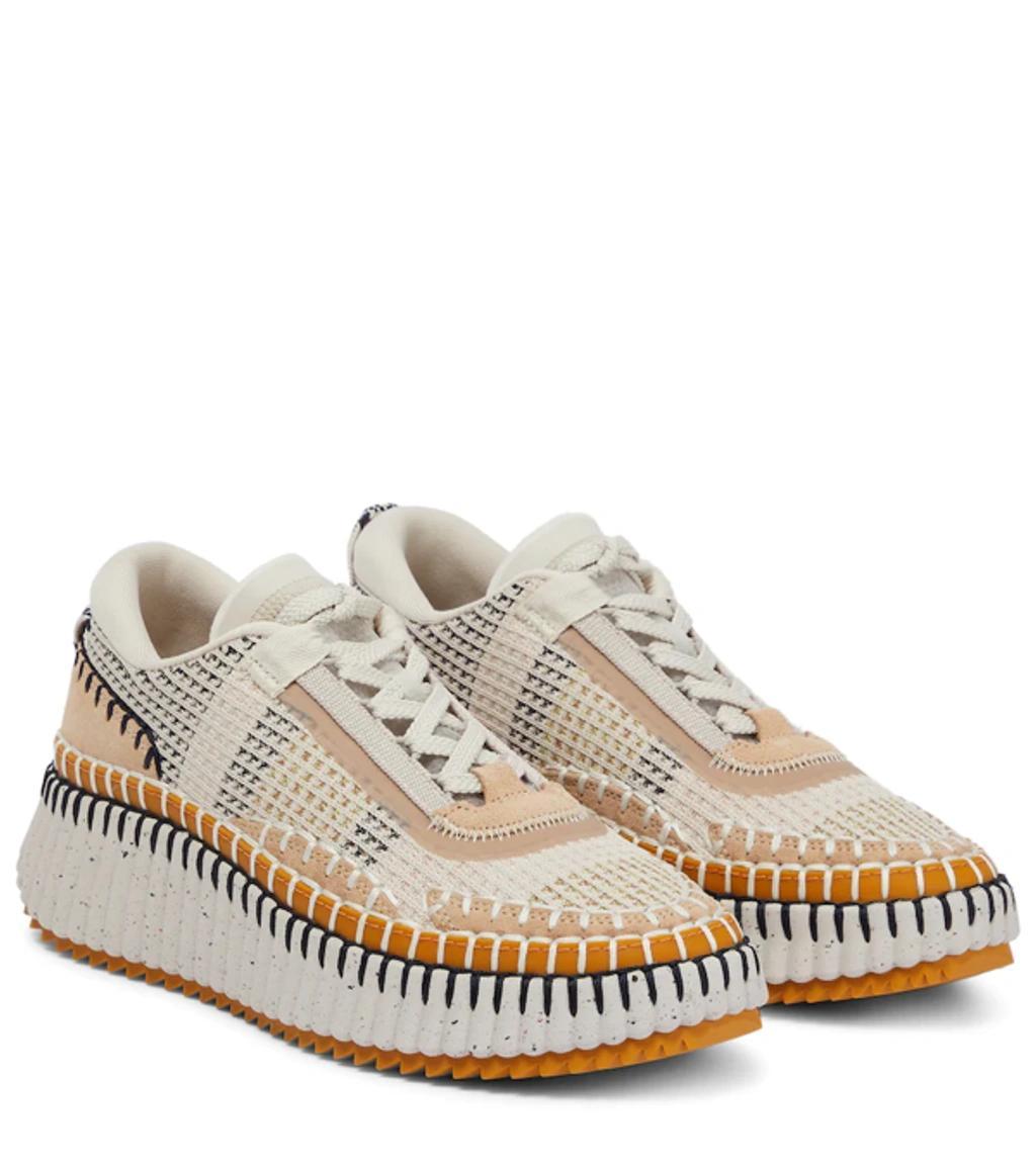 CHLOÉ Nama Embroidered Suede And Recycled-mesh Sneakers In Biscotti,beige Product Image