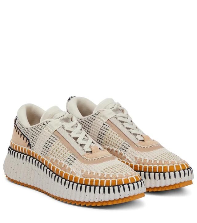 CHLOÉ Nama Embroidered Suede And Recycled-mesh Sneakers In Biscotti,beige Product Image