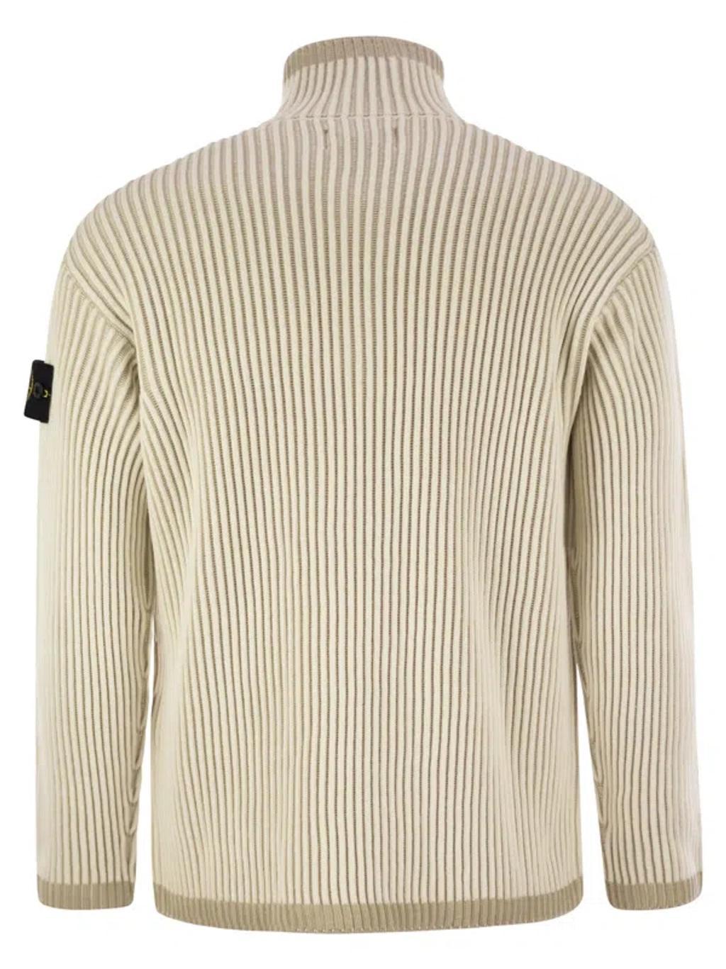 STONE ISLAND Men's Half-zip Rib Knit Wool Jumper In Beige Product Image