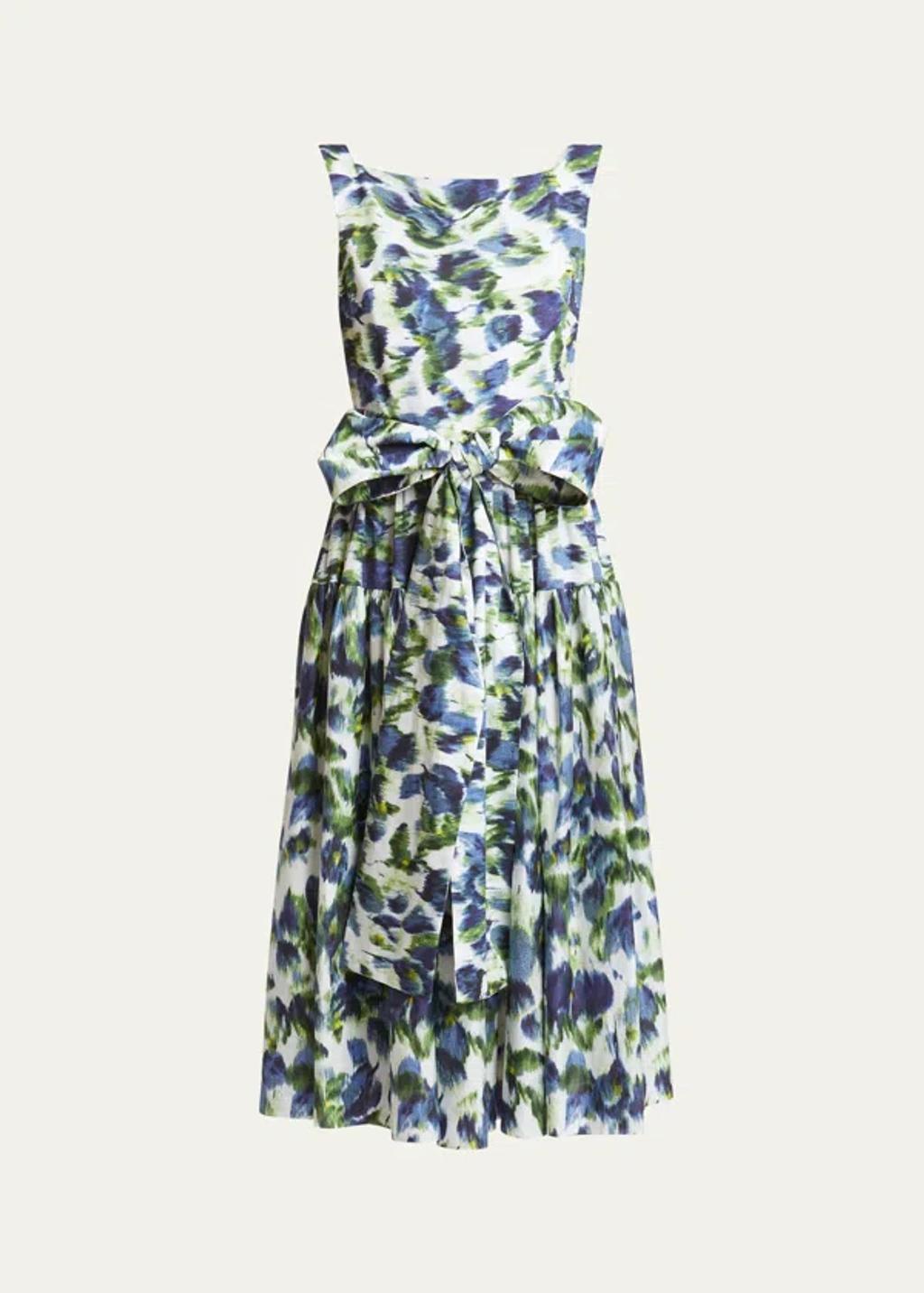 Floral Abstract Print Bow Midi Dress In White Product Image