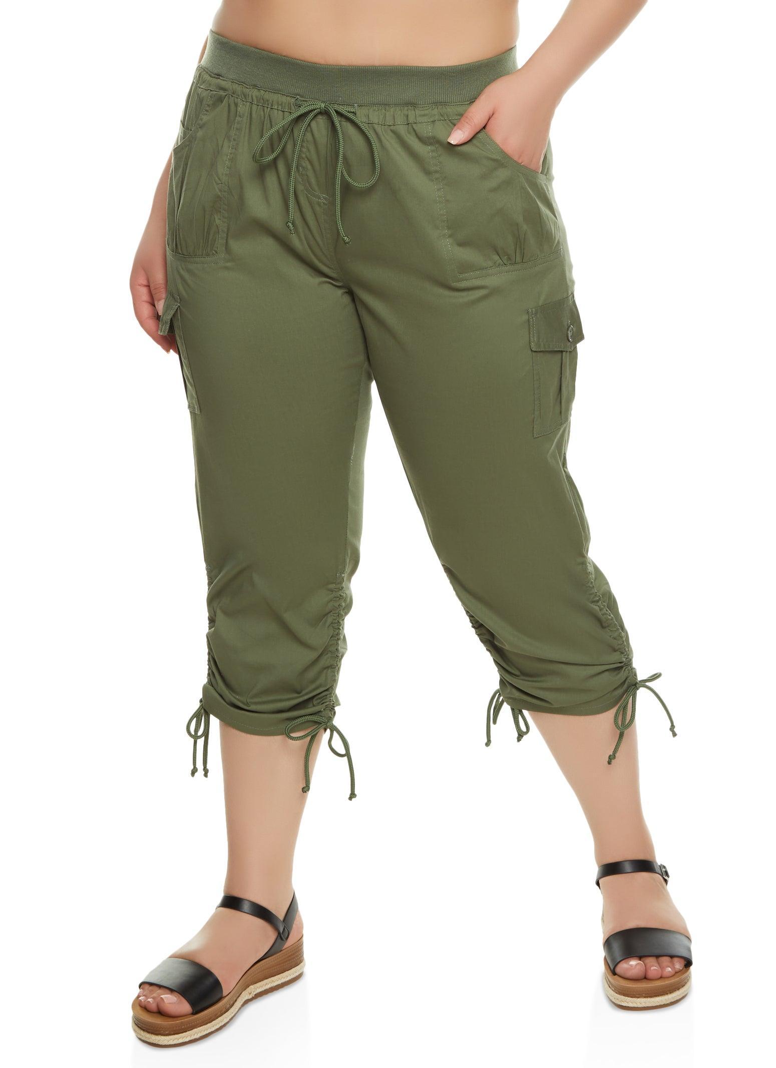 Womens Plus Size High Waisted Ruched Cargo Capri Pants Product Image