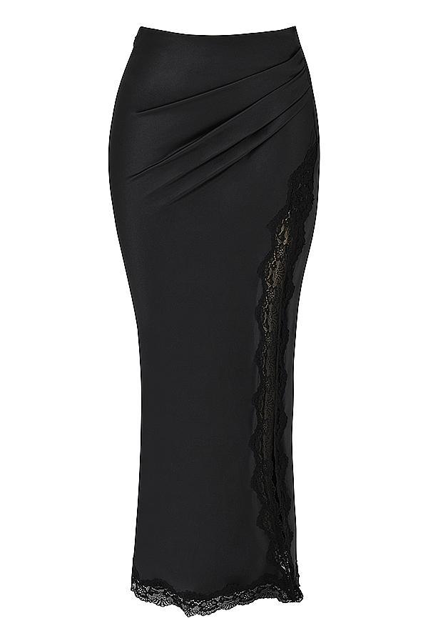 Ruby Black Satin Lace Trim Midi Skirt Product Image