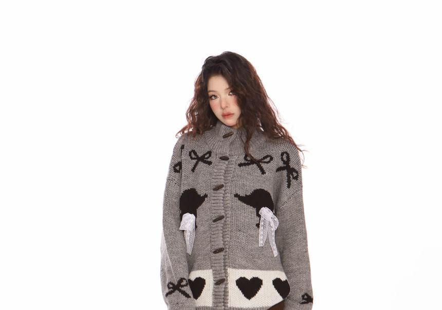 Stand Collar Animal Print Toggle Cardigan Product Image