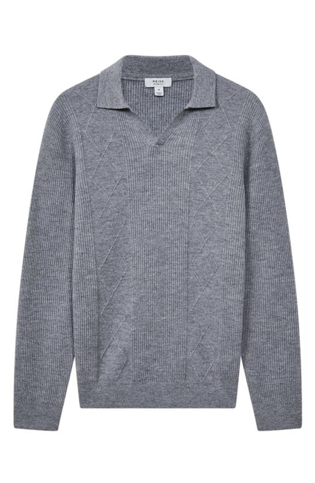 REISS Mens Soft Grey Melan Malik Open-collar Regular-fit Wool Jumper Product Image