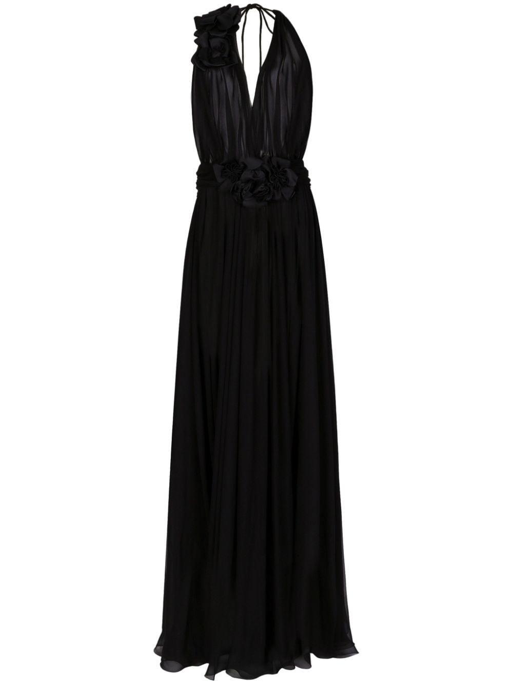 Long Silk Chiffon Dress With Floral Appliqué In Black Product Image