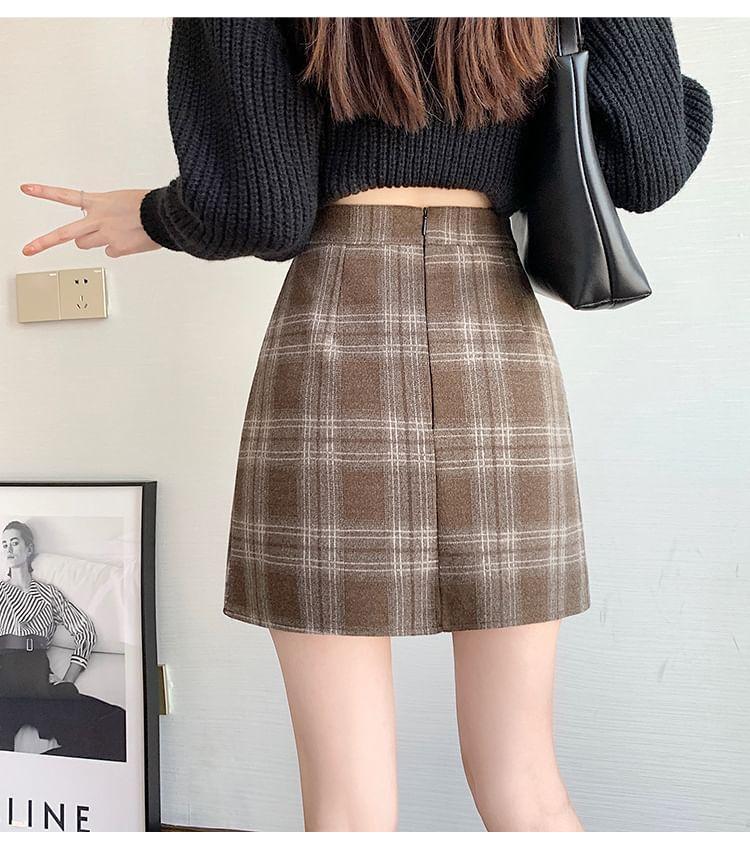 High Waist Plaid A-Line Mini Skirt Product Image