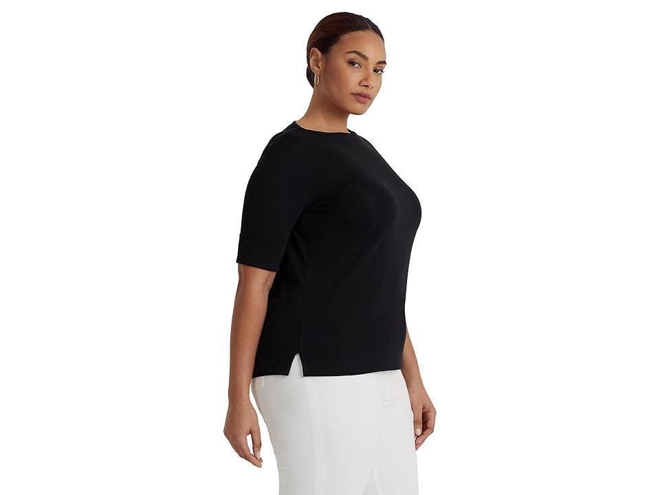 Lauren Ralph Lauren Plus Size Stretch Cotton Boat Neck Short Folded Elbow Sleeve Top Product Image