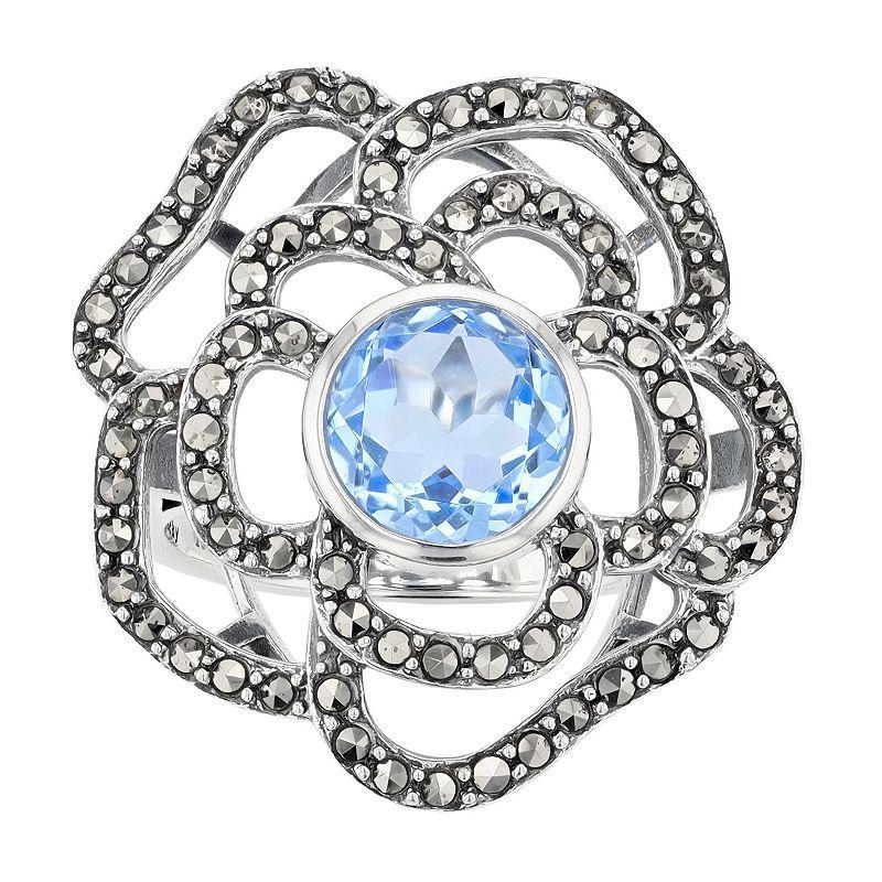 Lavish by TJM Sterling Silver Lab-Created Blue Quartz & Marcasite Rose Ring, Womens Product Image