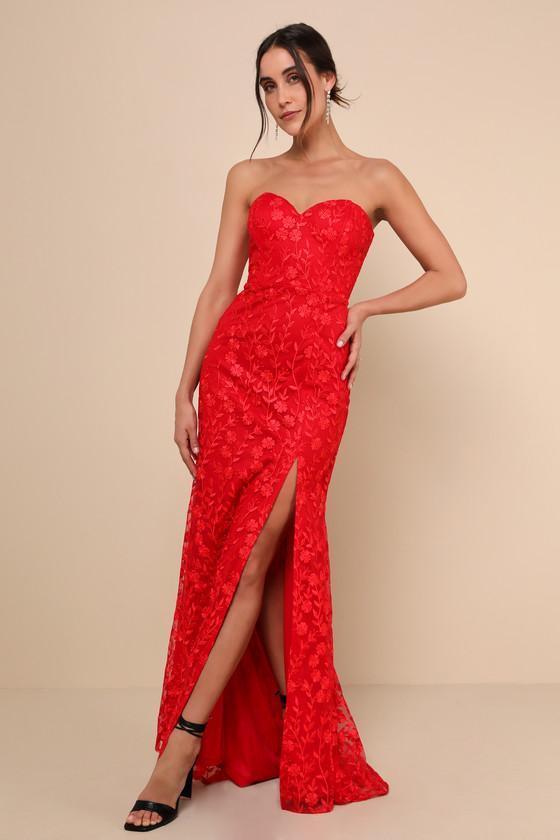 Romantic Beauty Red Floral Embroidered Strapless Maxi Dress Product Image