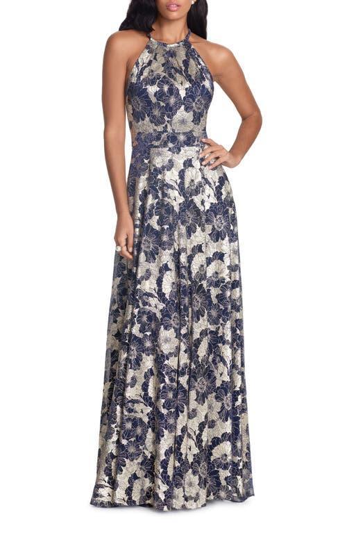 Betsy & Adam Metallic Floral Halter Top Gown Product Image