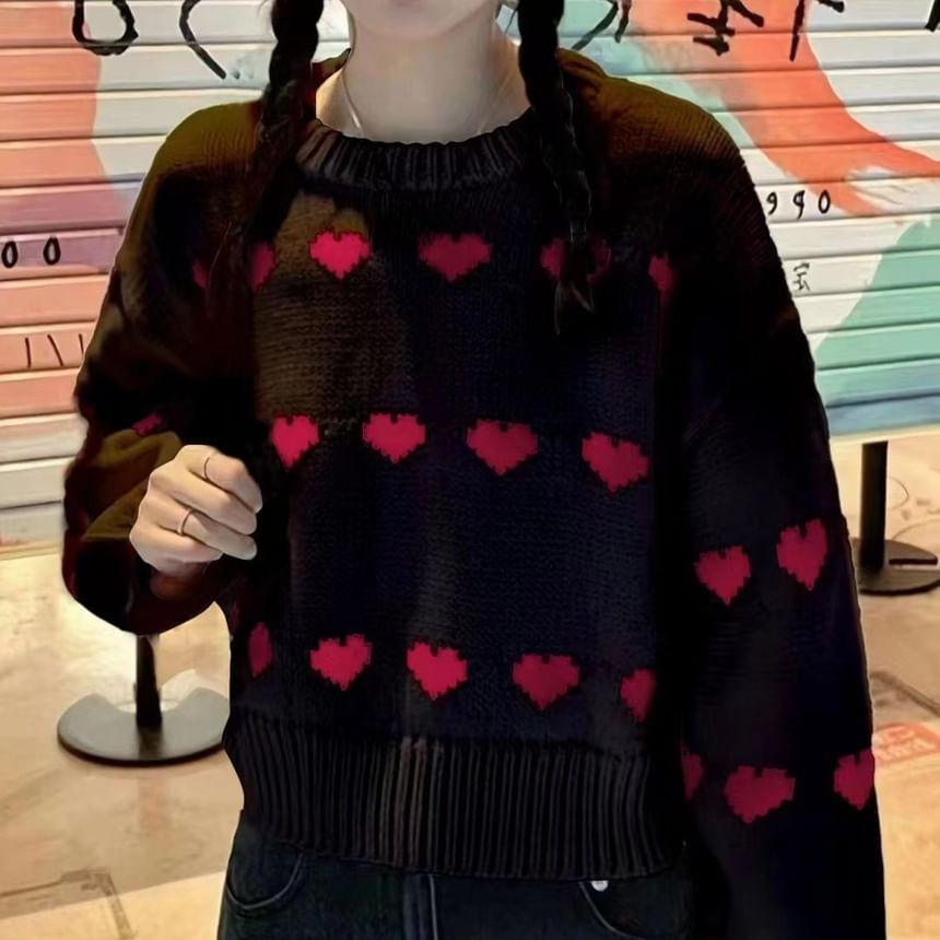 Round Neck Heart Print Sweater Product Image