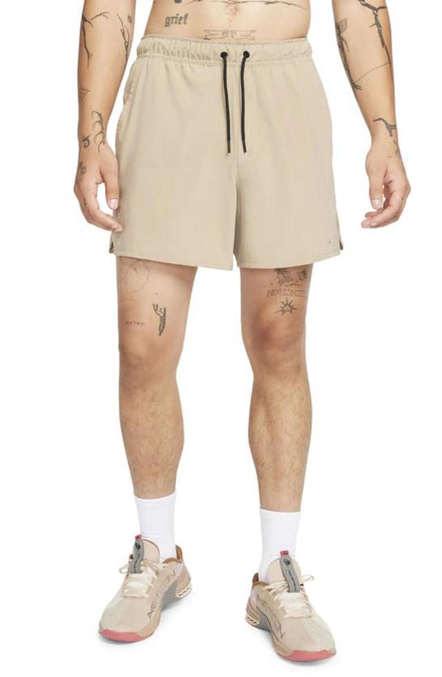 NIKE Men's Unlimited Dri-fit 5" Unlined Versatile Shorts In Khaki/black/khaki Product Image