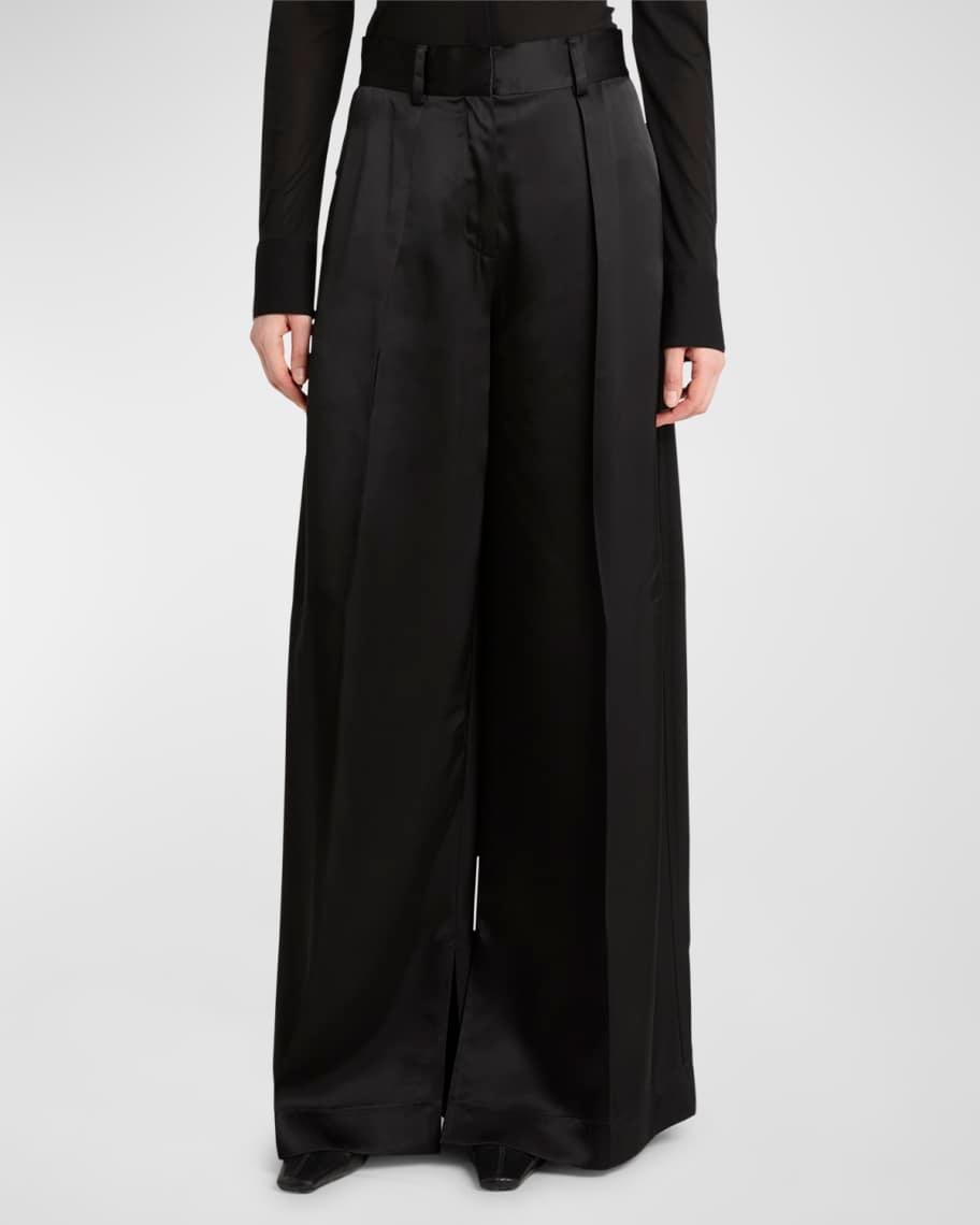 Pleated Wide-Leg Satin Trousers Product Image