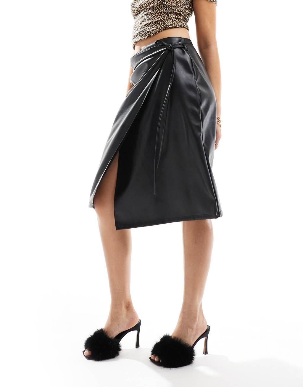 ASOS DESIGN leather look wrap midi skirt in black Product Image