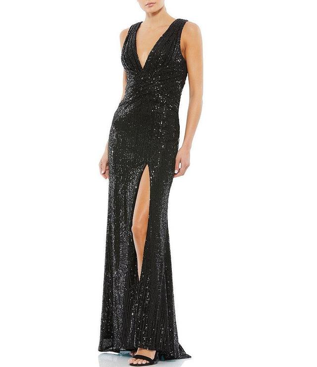 Mac Duggal V-Neck Sleeveless Ruched Waist Front Slit Sequin Gown Product Image