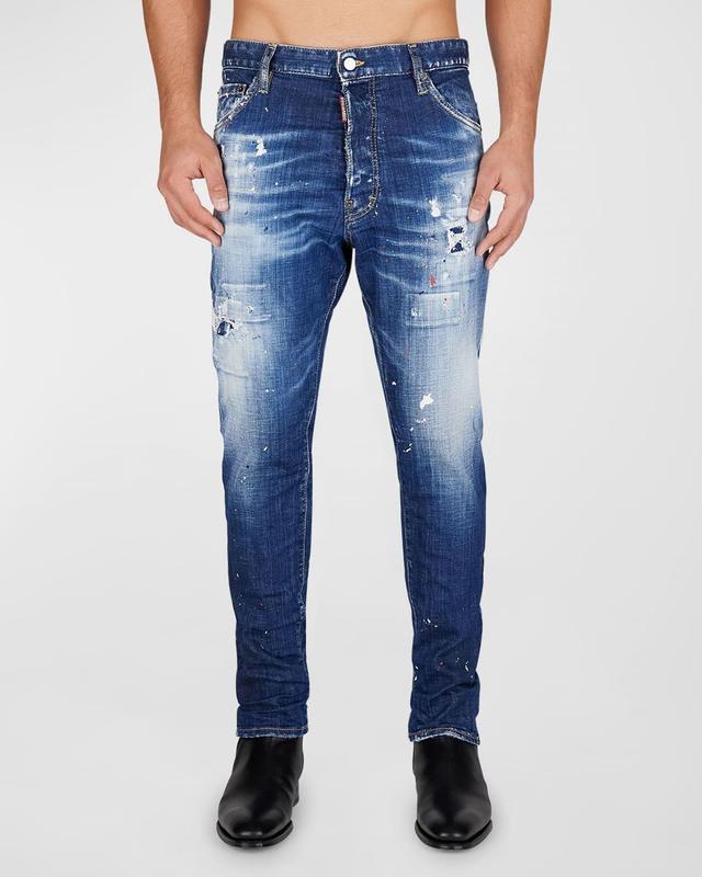Mens Relaxed Splattered Long Denim Jeans Product Image