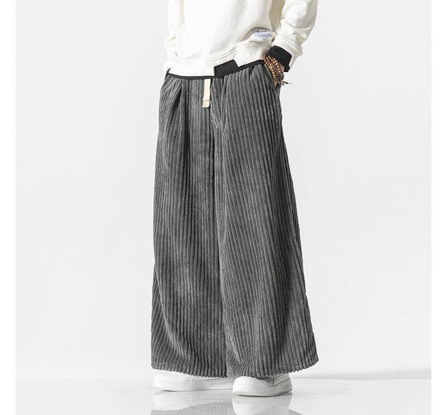 Drawstring Waist Plain Corduroy Wide Leg Pants Product Image