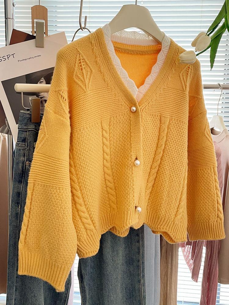 V-Neck Lace Trim Plain Cardigan Product Image