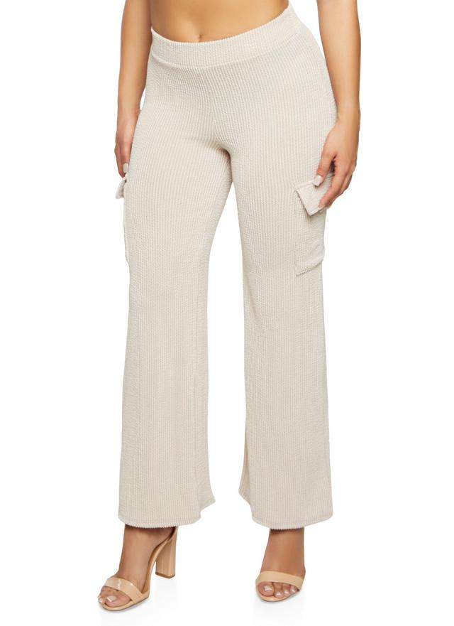 Womens Ribbed High Waist Cargo Pocket Wide Leg Pants Product Image