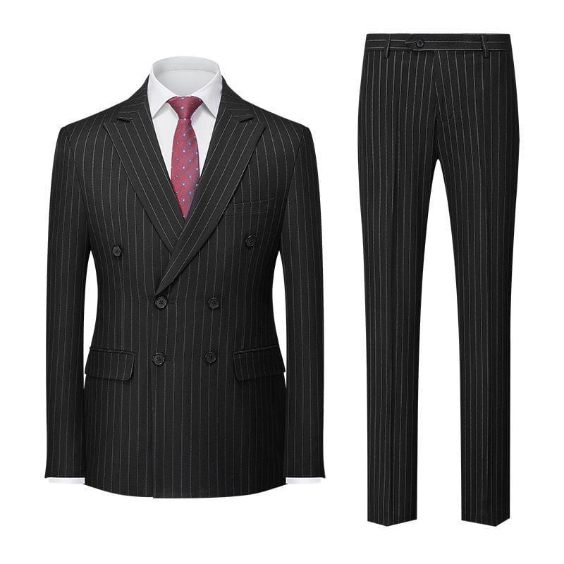 Set: Lapel Collar Pinstriped Double Breasted Blazer + Mid Rise Dress Pants Product Image