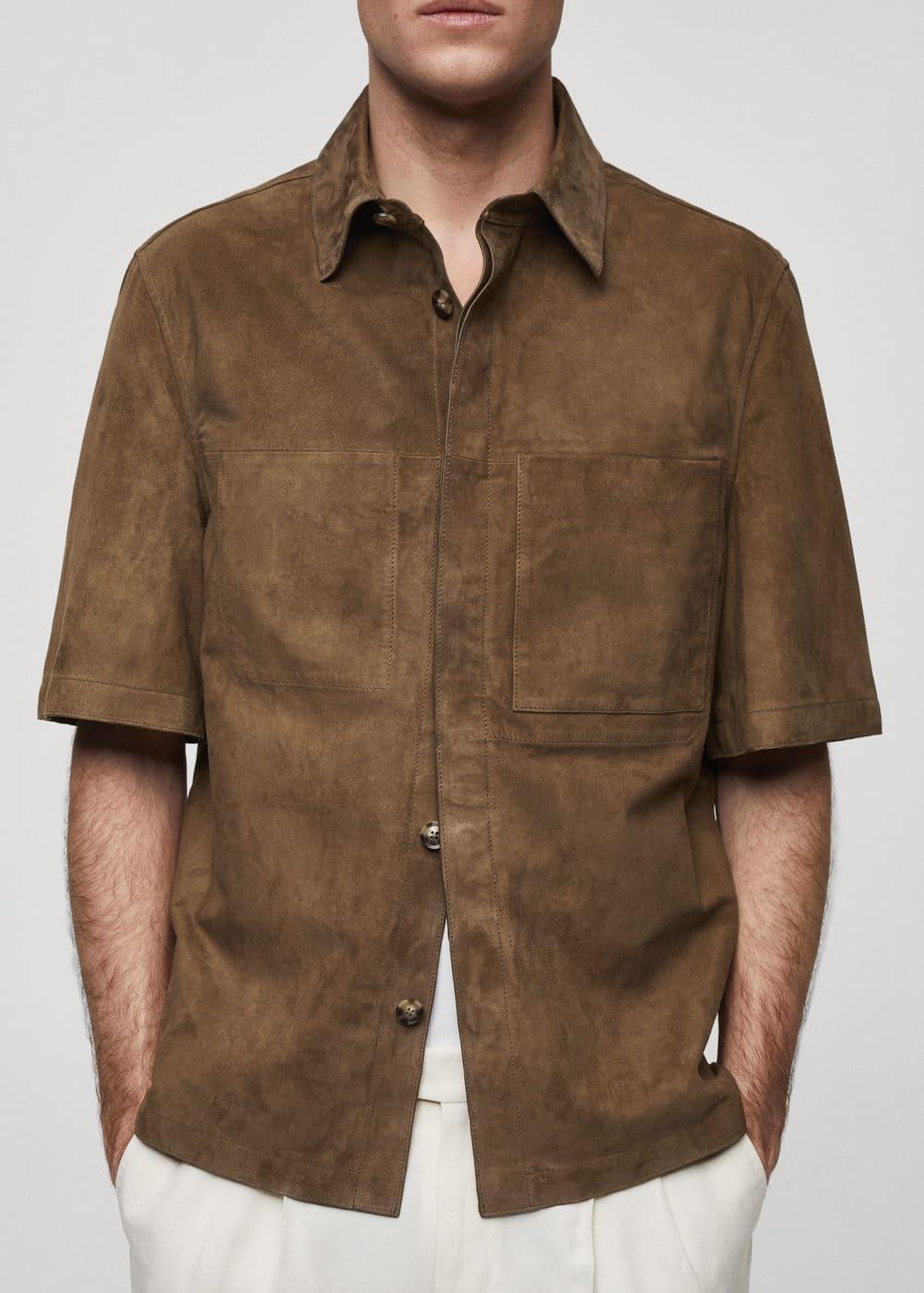 MANGO MAN - Overshirt with 100% suede leather pocket brownMen Product Image