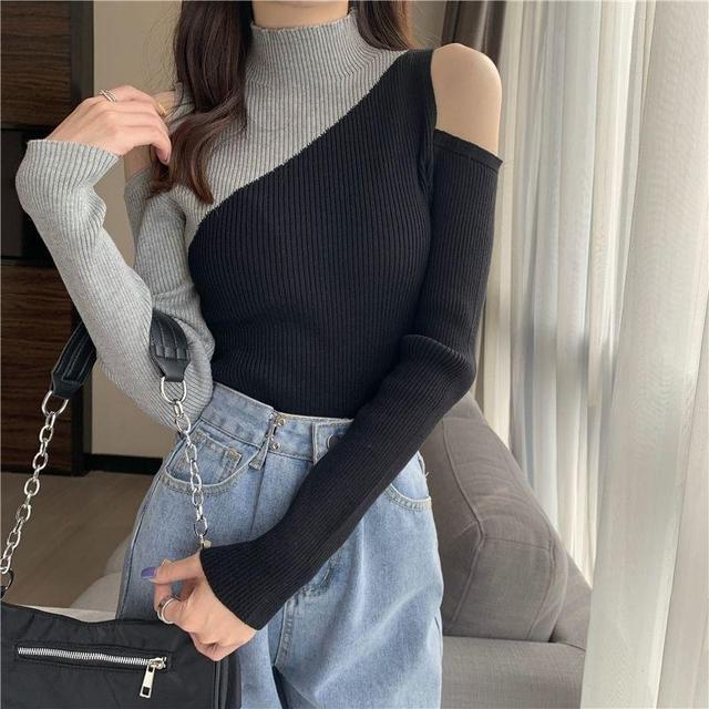 Cold-Shoulder Two Tone Ribbed Sweater Product Image