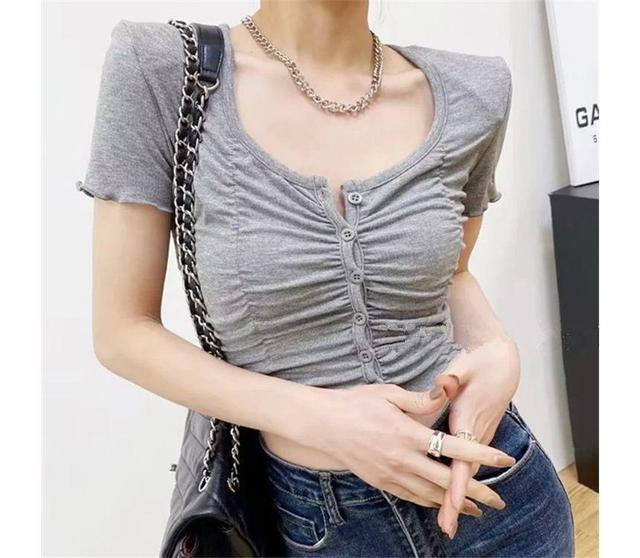 Short Sleeve Plain Ruched Slim-Fit Crop Top Product Image