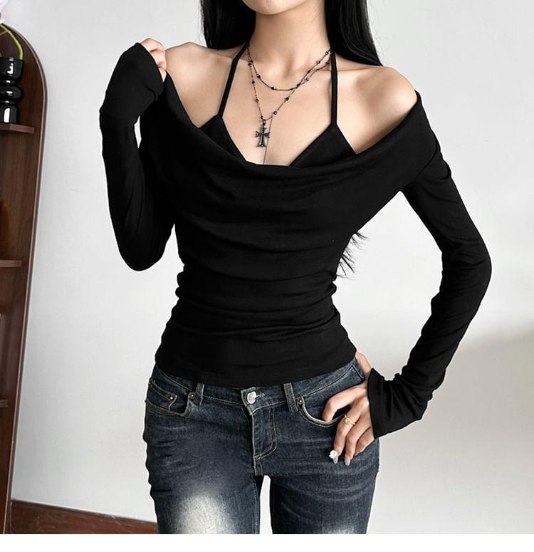 Cold Shoulder Long Sleeve Plain Ruched T-Shirt Product Image