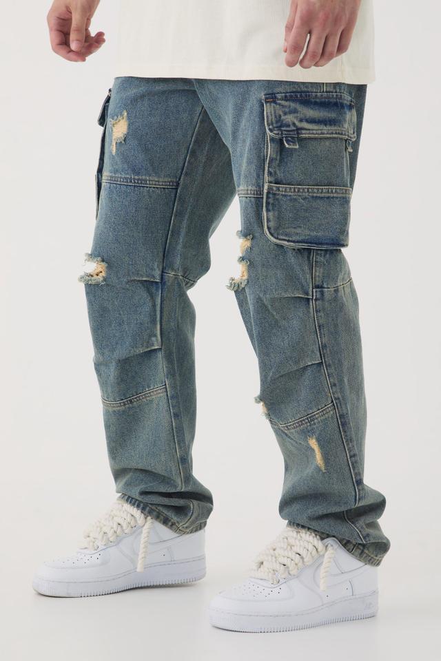 Tall Distressed Cargo Relaxed Fit Jeans | boohooMAN USA Product Image