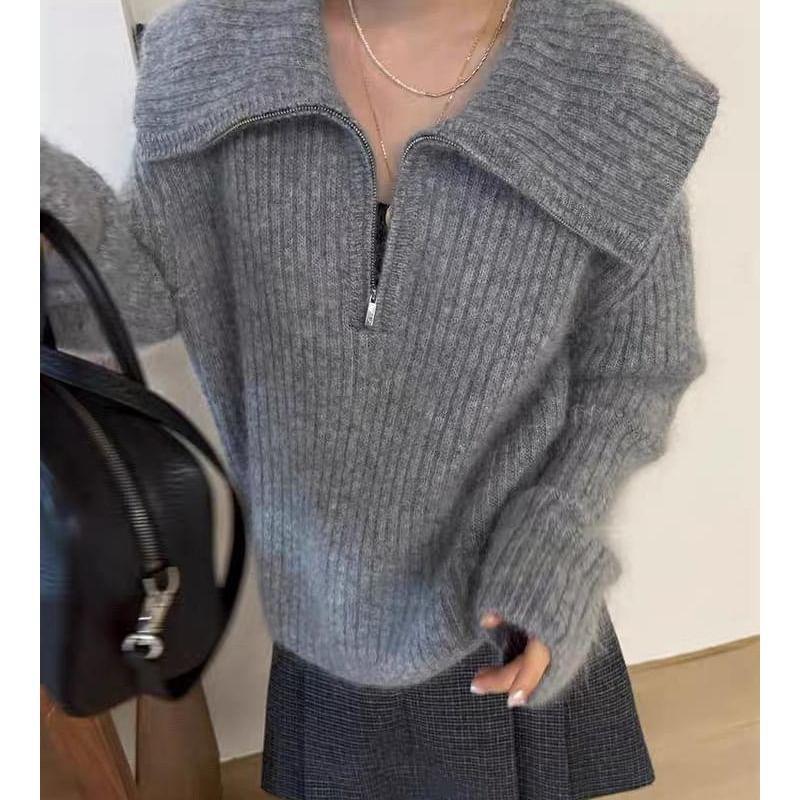 Long Sleeve Half-Zip Plain Loose-Fit Sweater Product Image