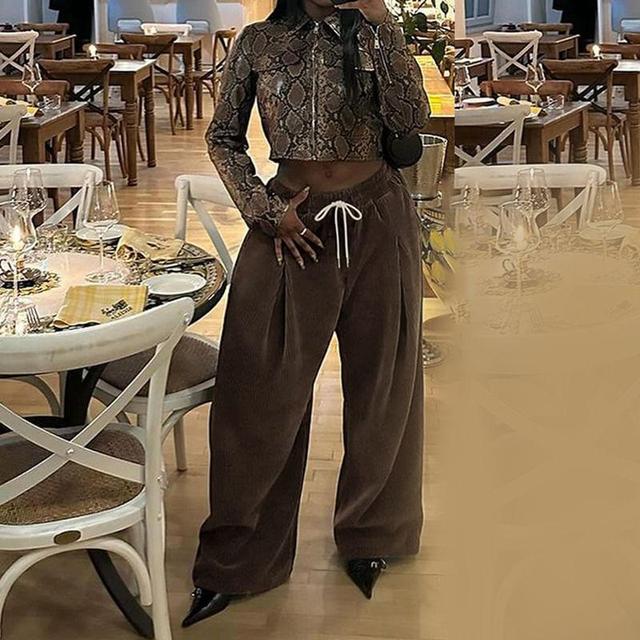 Set: Drawstring Plain Oversized Hoodie + Mid Waist Plain Wide Leg Pants Product Image