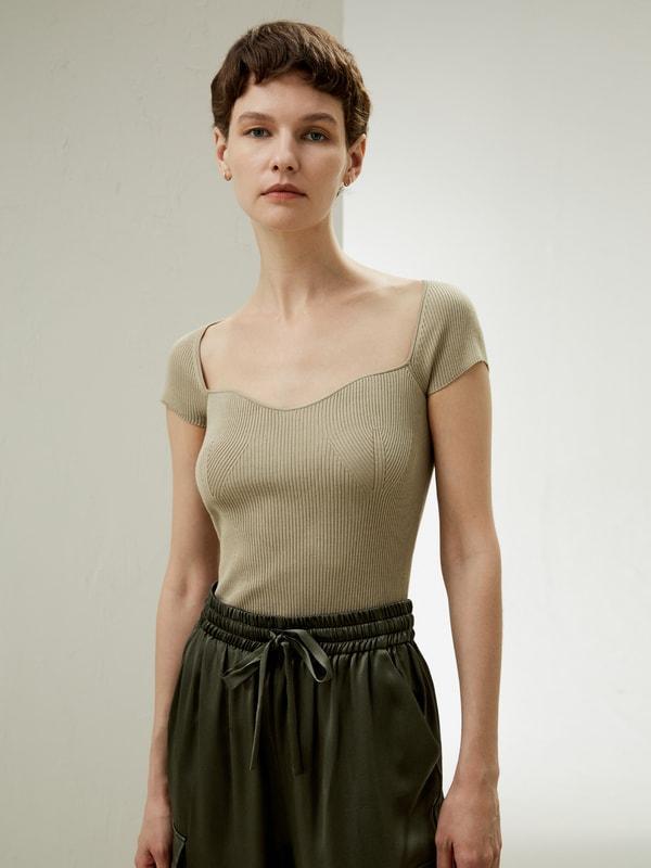 Sweetheart Neck Ribbed Silk Knit Top Product Image