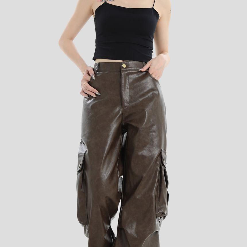 High Waist Plain Wide Leg Cargo Pants Product Image