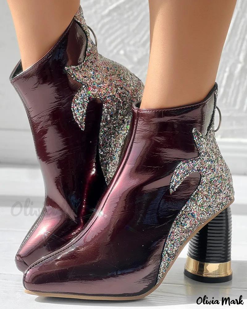 Olivia Mark – Stylish Colorblock Sequin Chunky Heel Ankle Boots with Zipper Back Product Image