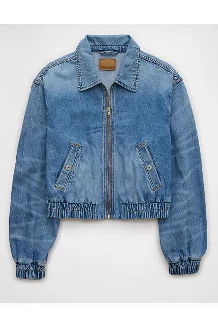 AE Cropped Zip-Up Denim Bomber Jacket Women's Product Image