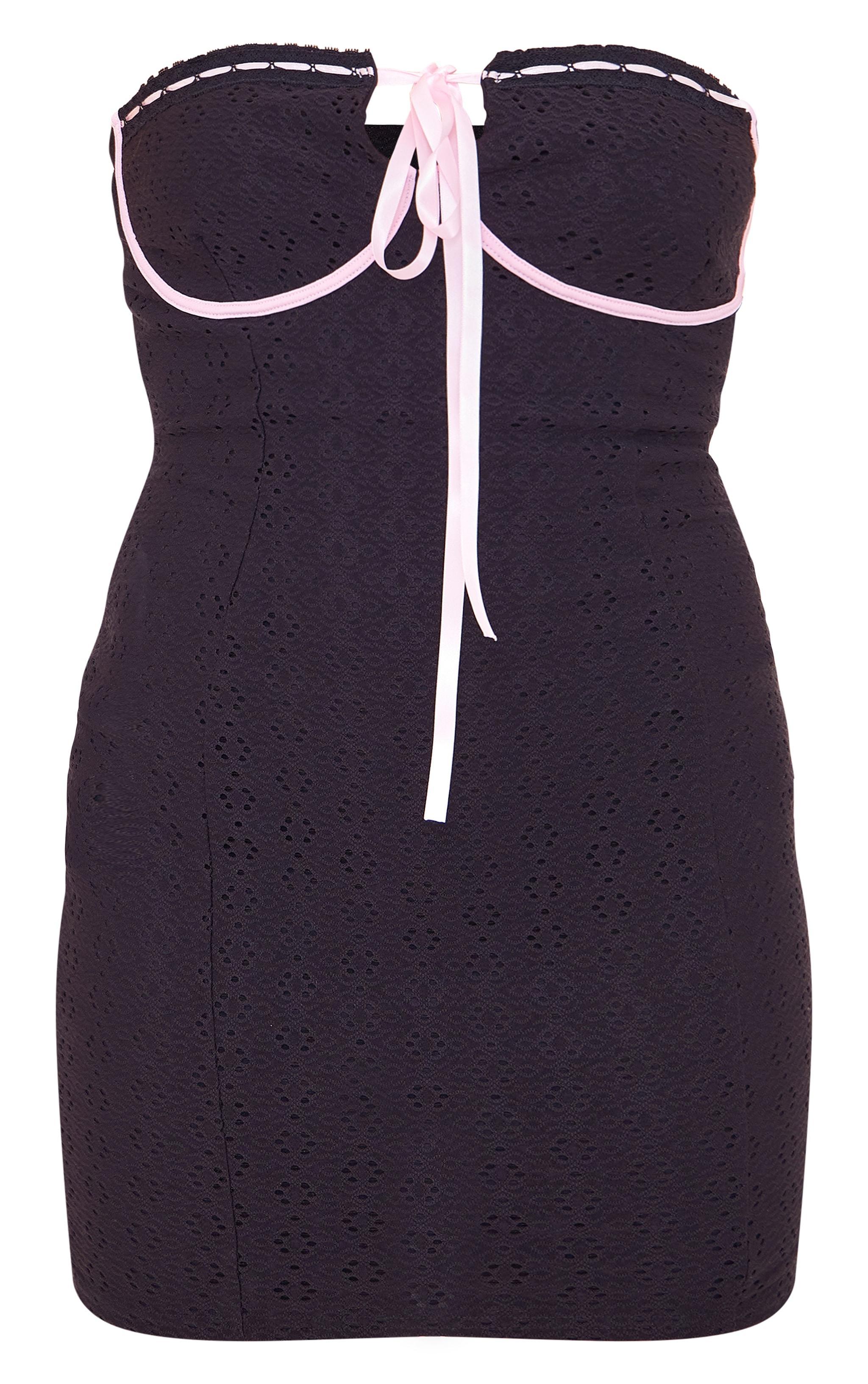 Black Broderie Contrast Ribbon Bandeau Bodycon Dress Product Image