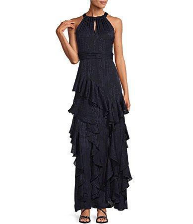 XSCAPE Long Chiffon Tiered Ruffle Dress Women's Dress Product Image